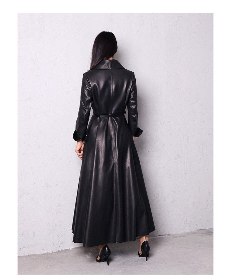 women's double-breasted maxi leather trench coat for evening in red