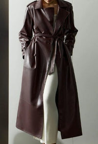 Women's Longline Leather Trench Coat with Tie Belt