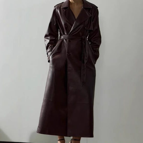 women's longline leather trench coat with tie belt in dark red