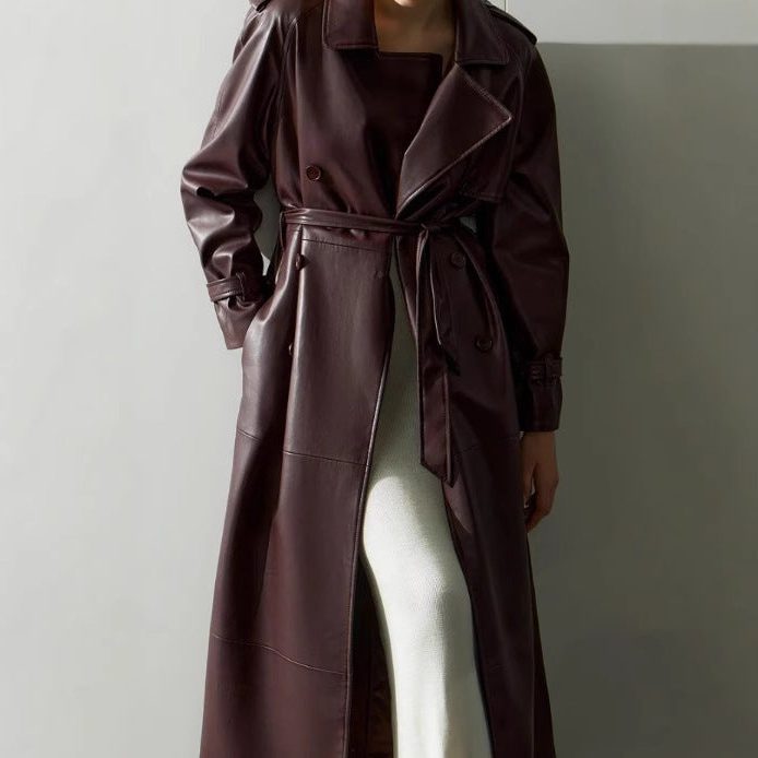 women's longline leather trench coat with tie belt in dark red