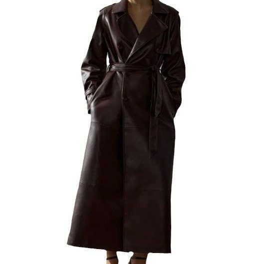 women's longline leather trench coat with tie belt in dark red