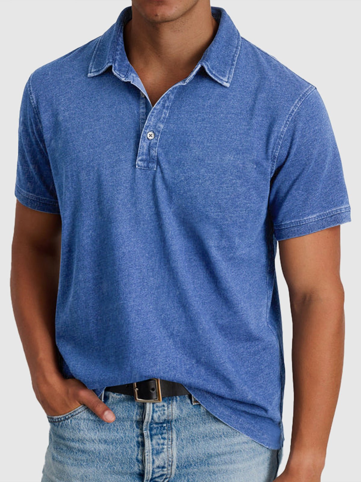 Men's blue denim-look cotton polo shirt with button neck