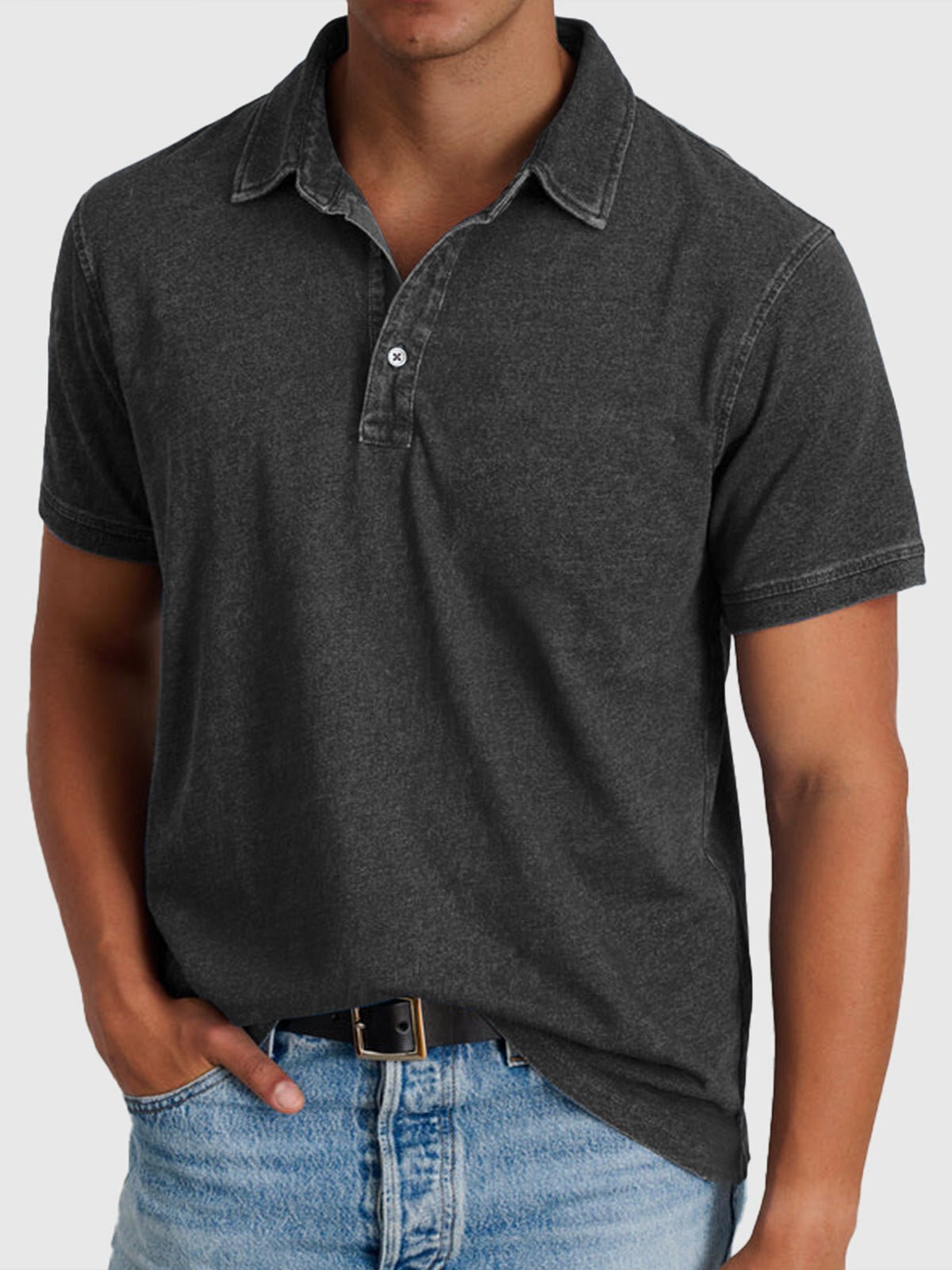 Men's blue denim-look cotton polo shirt with button neck