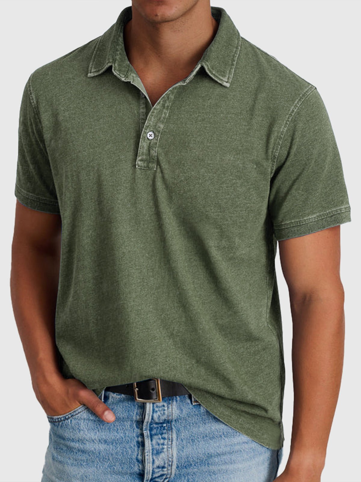 Men's green denim-look cotton polo shirt with button neck