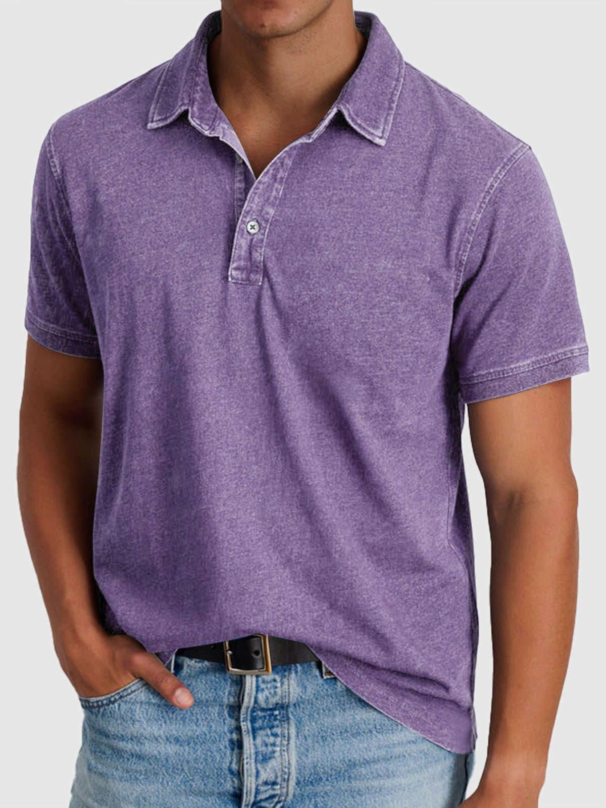 Men's green denim-look cotton polo shirt with button neck