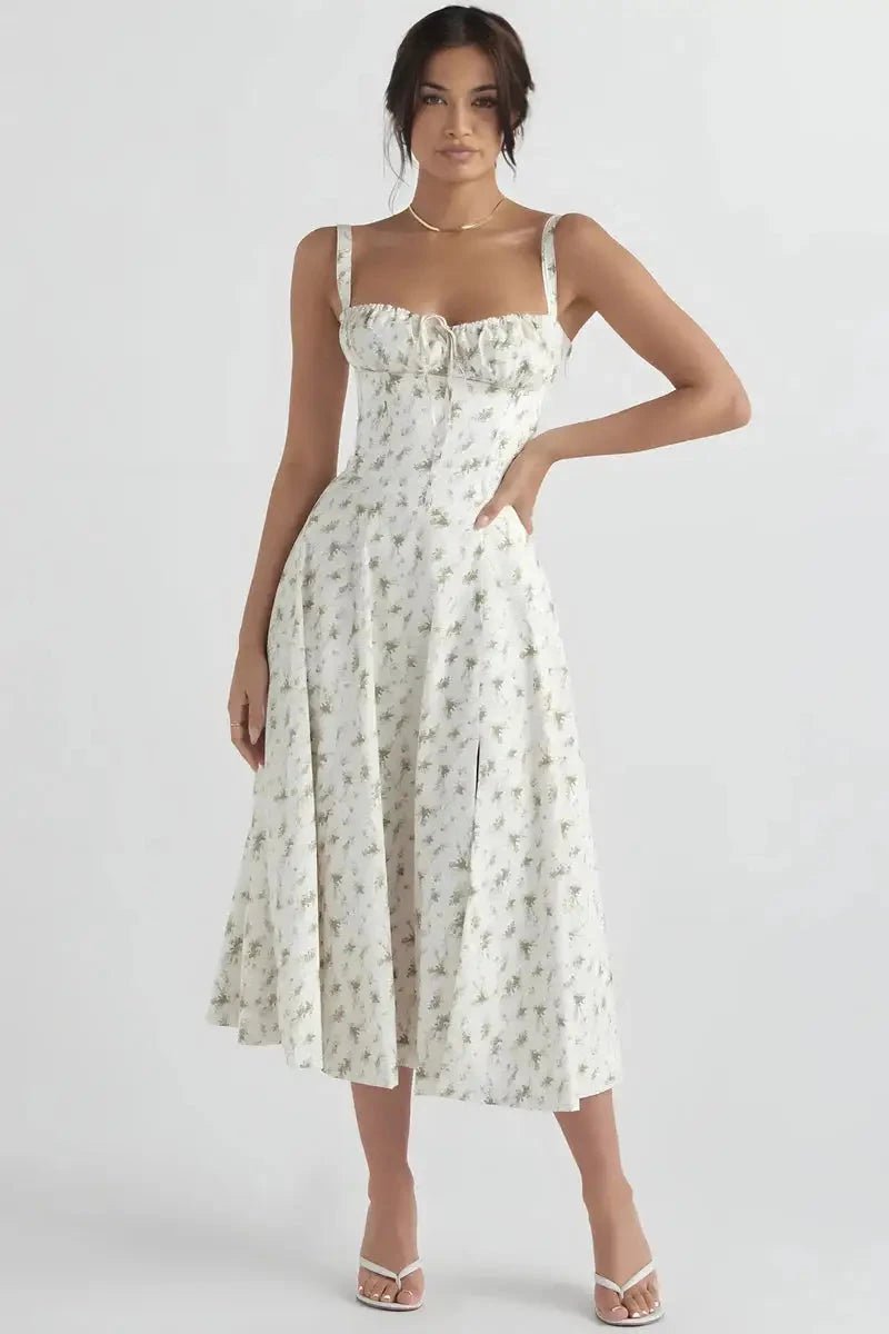 Women's white floral corset midi dress with a side split