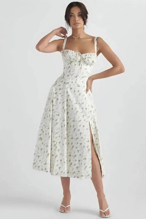 Women's white floral corset midi dress with a side split