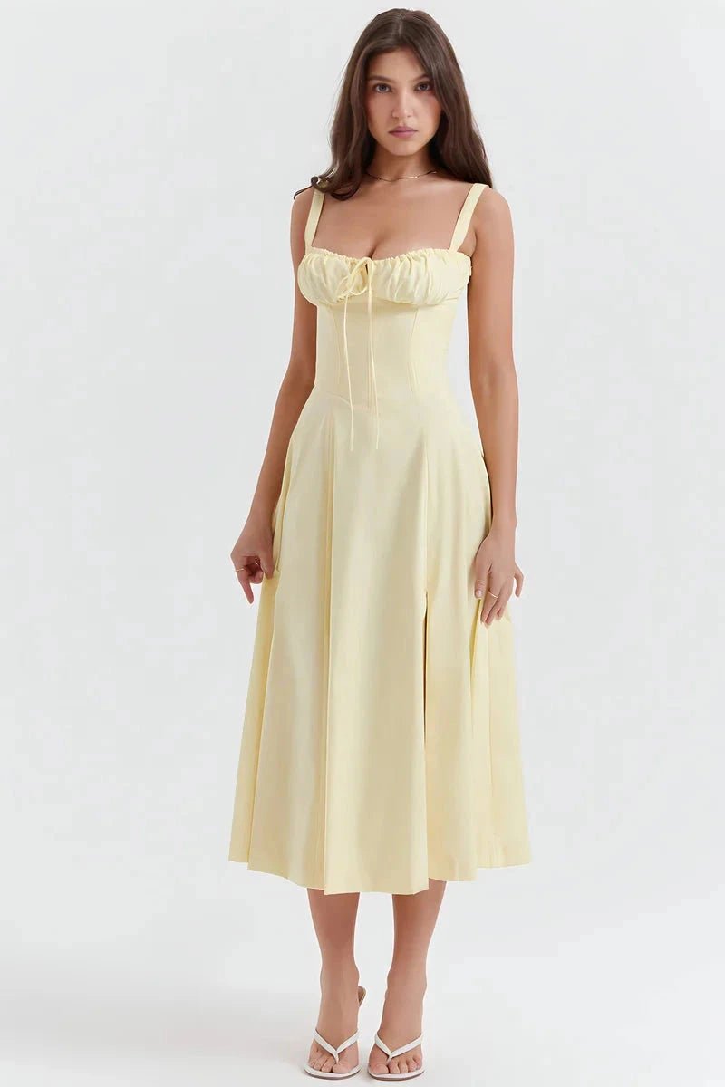 Women's white floral corset midi dress with a side split
