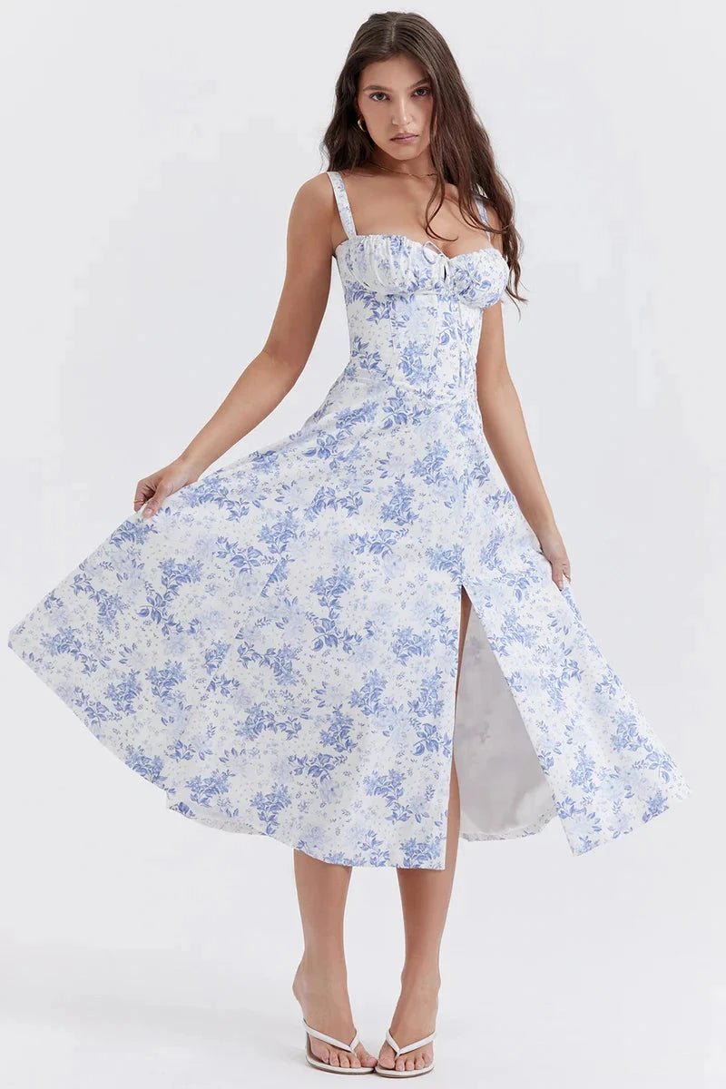 Women's white floral corset midi dress with a side split