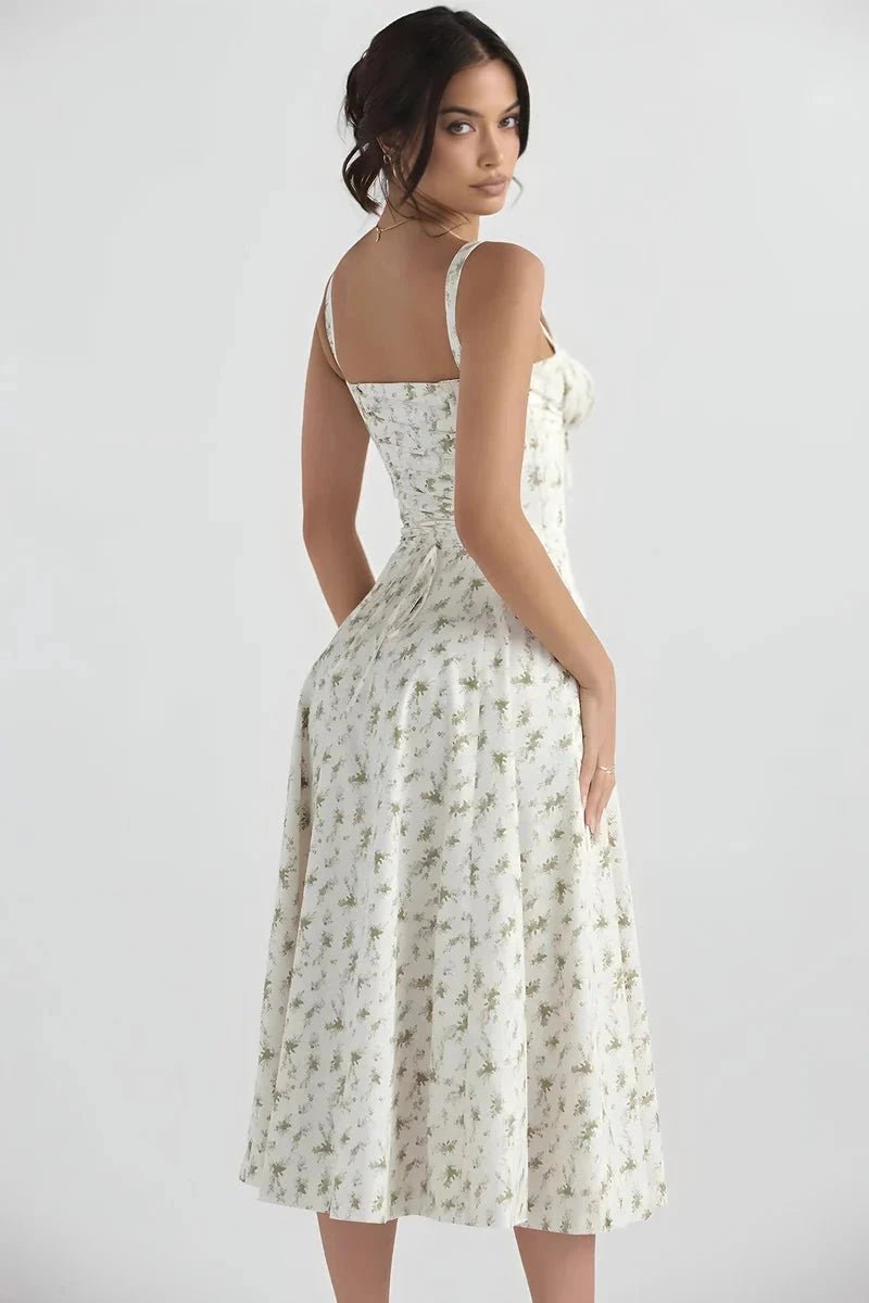 Women's white floral corset midi dress with a side split