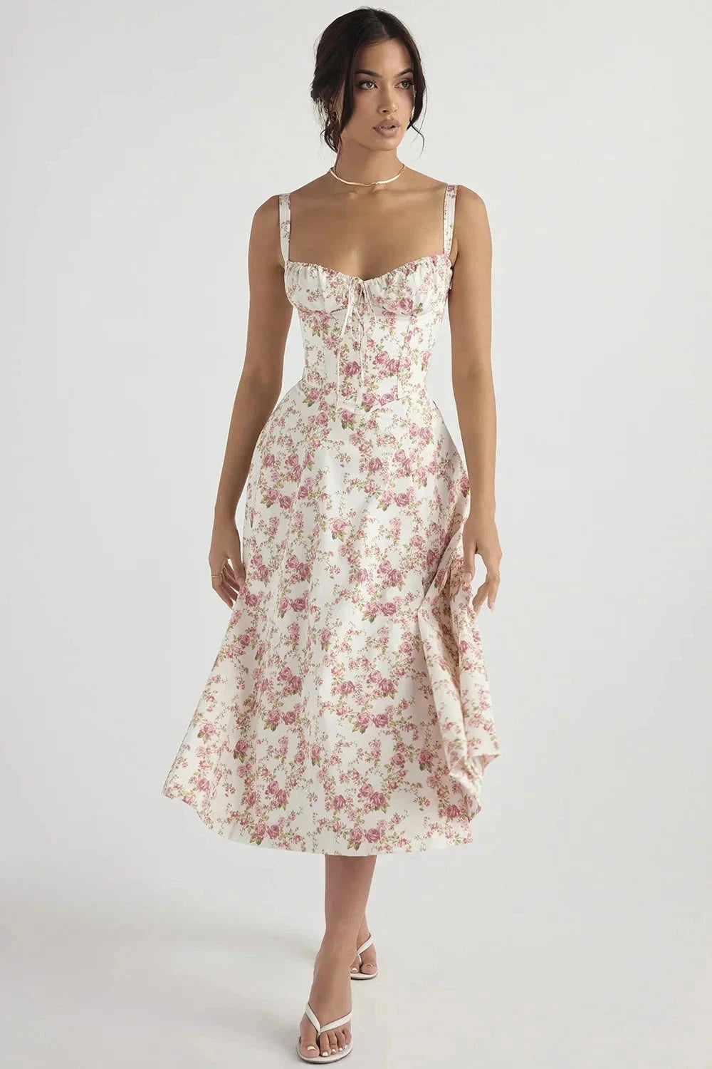 Women's white floral corset midi dress with a side split