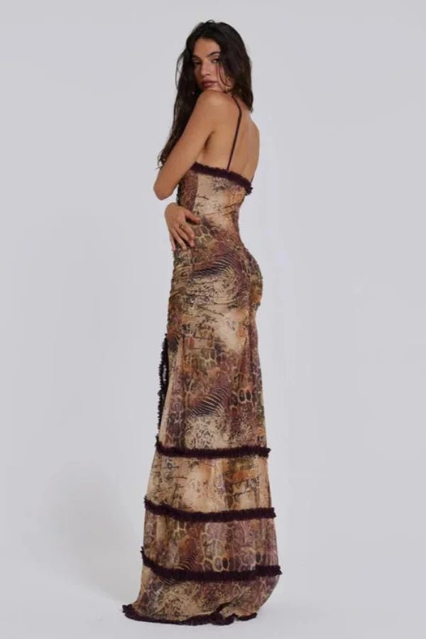 Women's brown floral maxi dress with ruffles and a v-neck