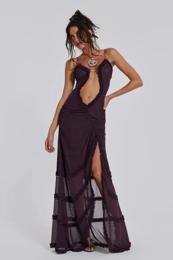 Women's black floral maxi dress with ruffles and a v-neck