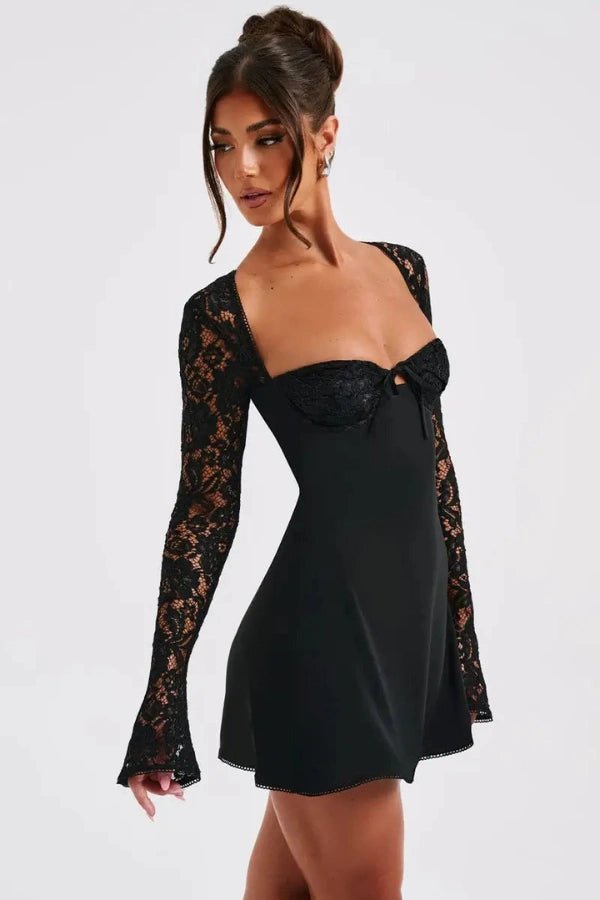 Women's gold lace bodycon mini dress with long sleeves