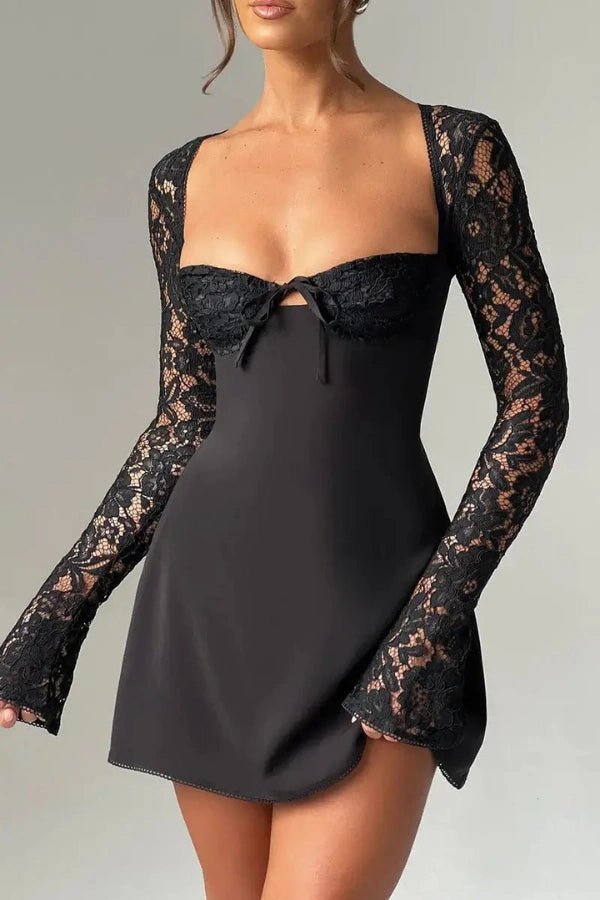 Women's red lace bodycon mini dress with long sleeves