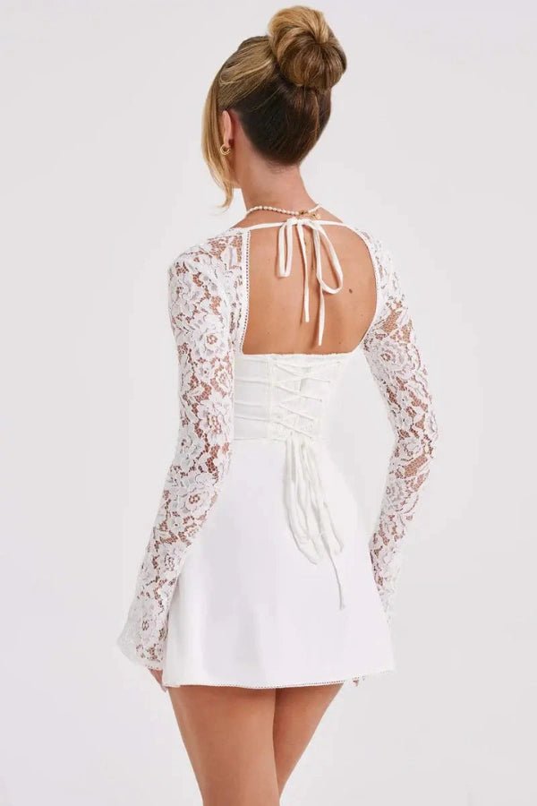 Women's white lace bodycon mini dress with long sleeves