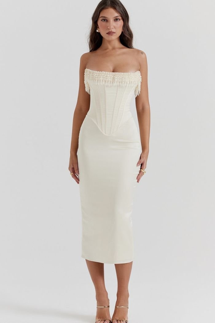 Women's white strapless satin maxi dress with a lace-up back