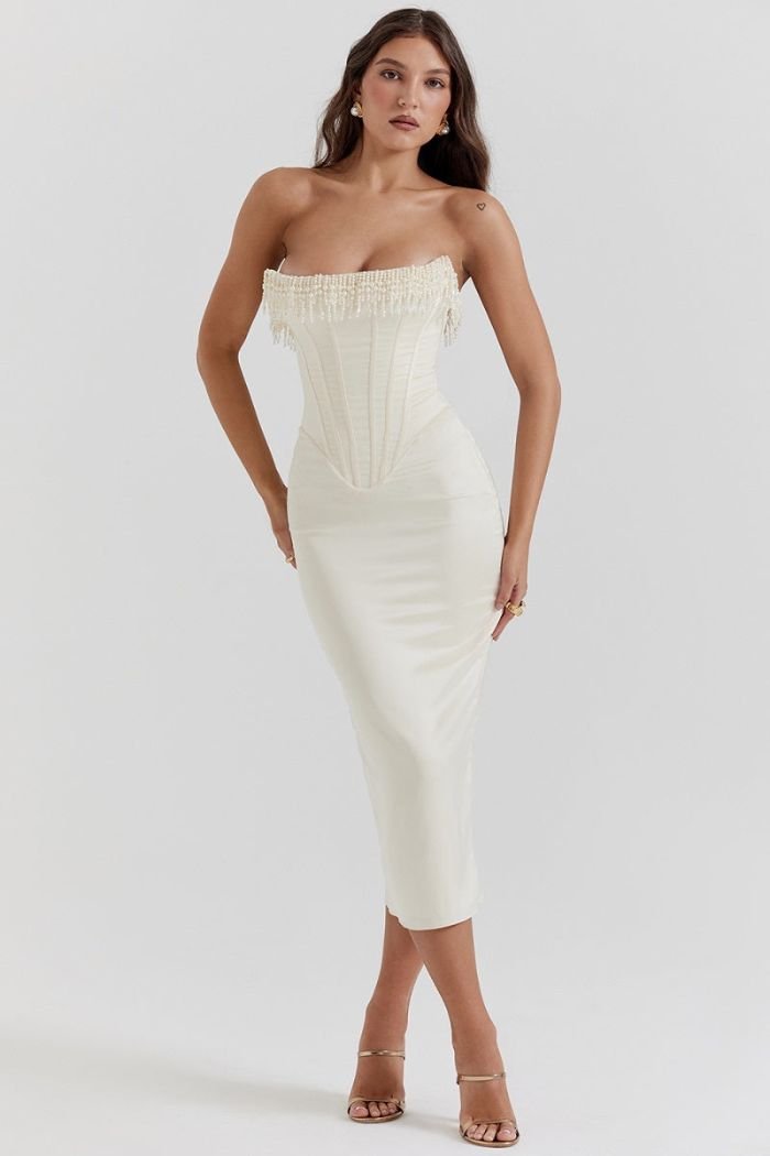 Women's white strapless satin maxi dress with a lace-up back