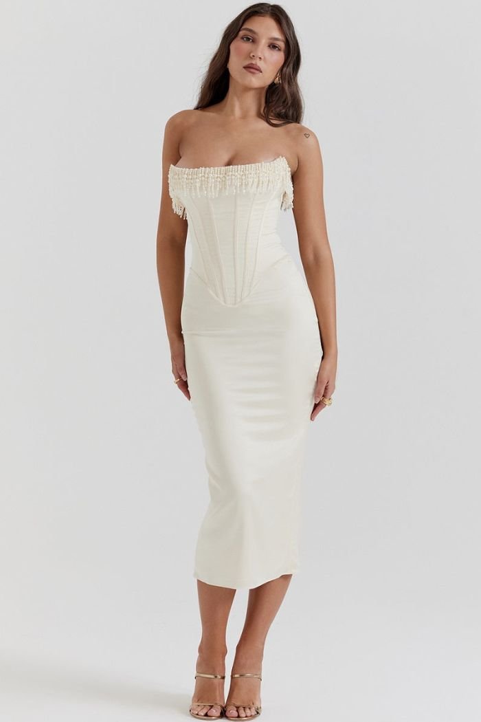 Women's white strapless satin maxi dress with a lace-up back