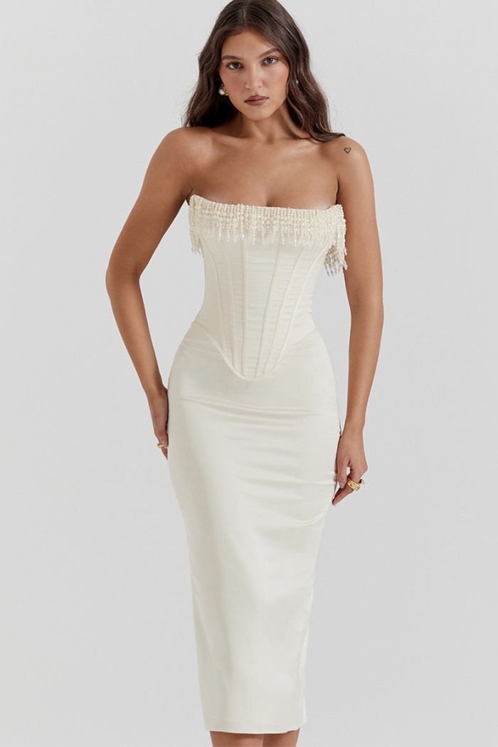 Women's black strapless satin maxi dress with a lace-up back