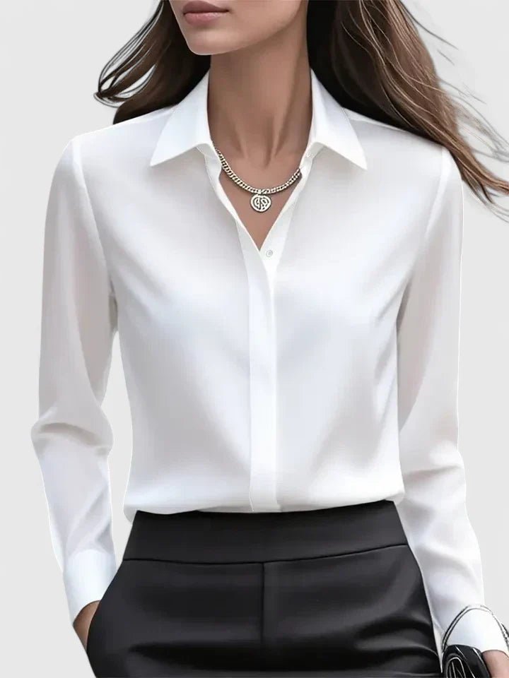 Women's navy blue satin shirt with concealed placket and long sleeves