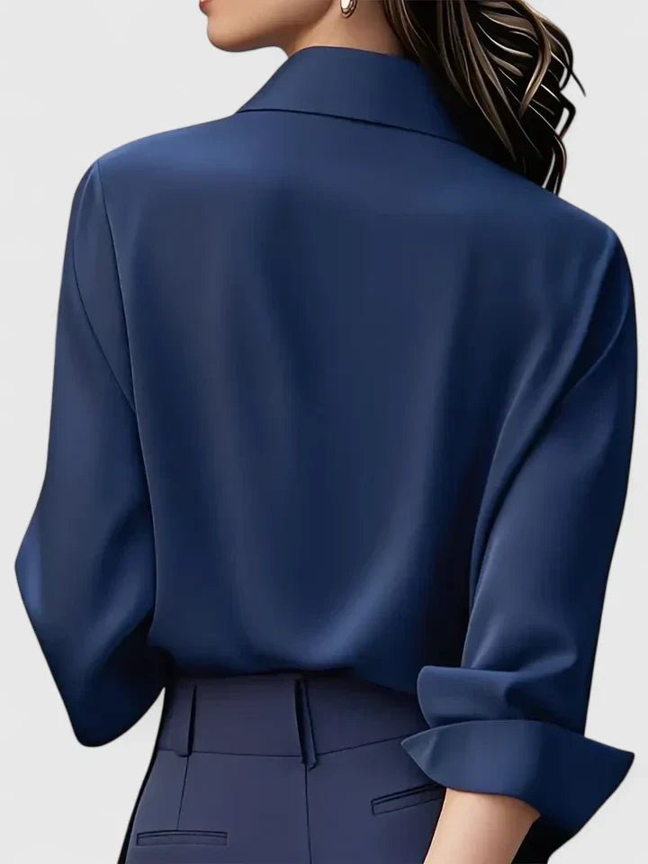 Women's white satin shirt with concealed placket and long sleeves