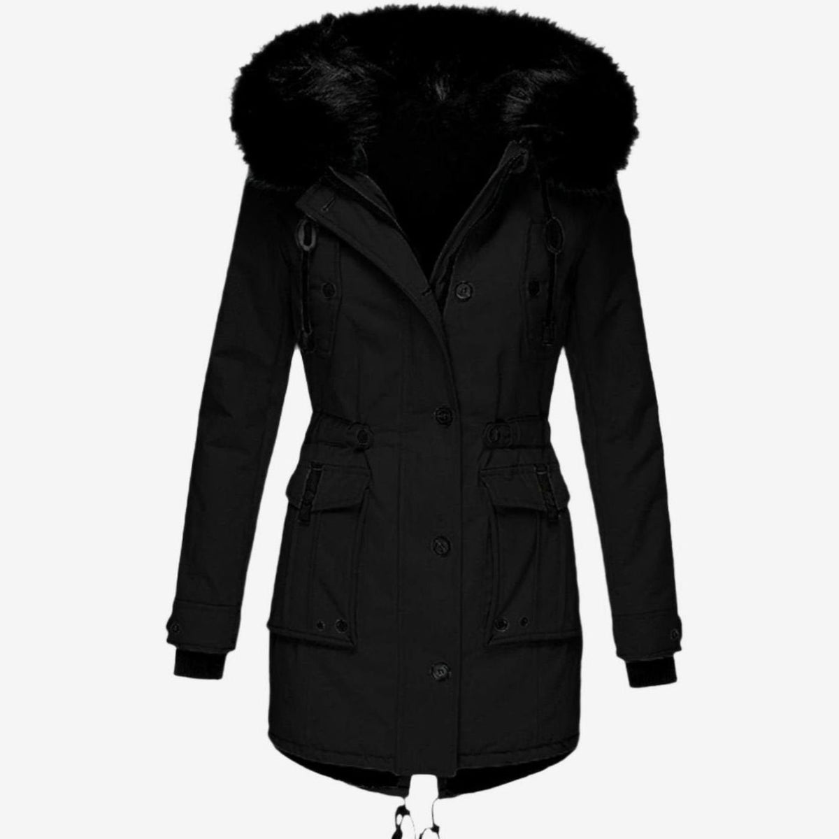 Black Faux Fur-Trim Parka worn zipped up with the hood down