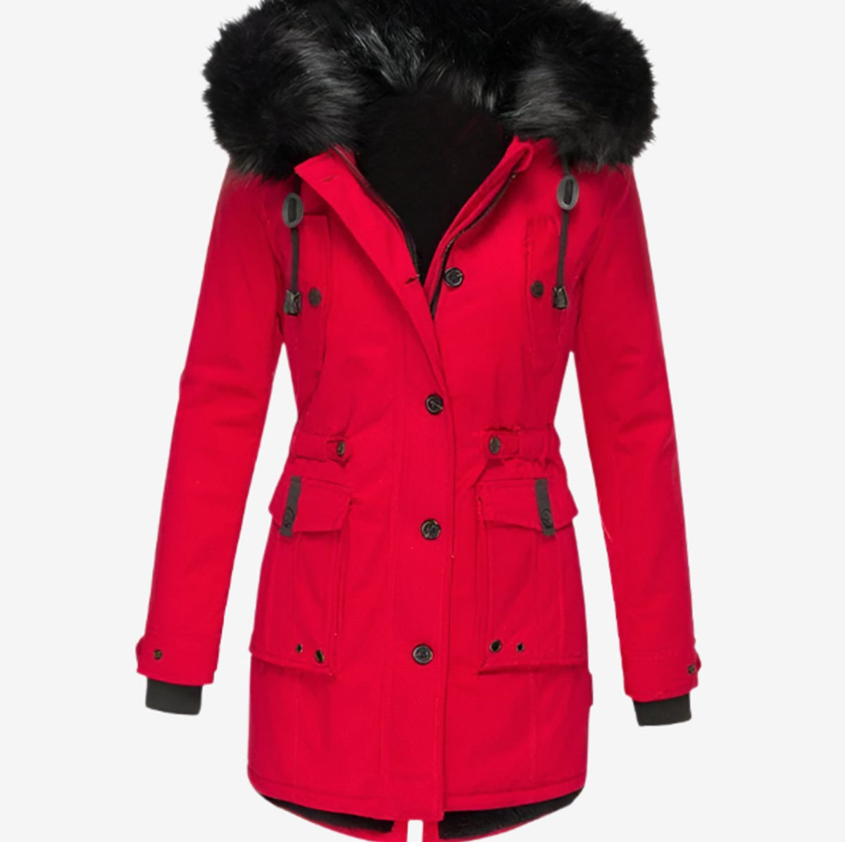 Red Faux Fur-Trim Parka worn zipped up with the belted waist shown