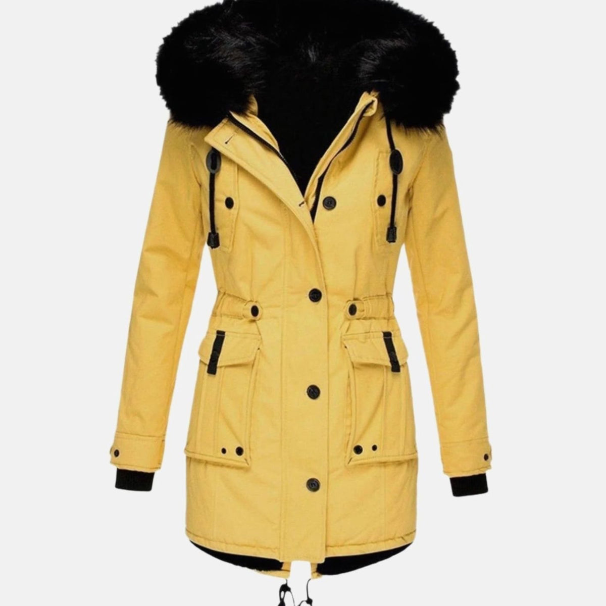 Yellow Faux Fur-Trim Parka worn zipped up with the hood down
