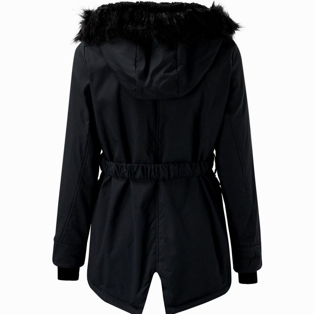 Black Faux Fur-Trim Parka worn by a model, side profile view