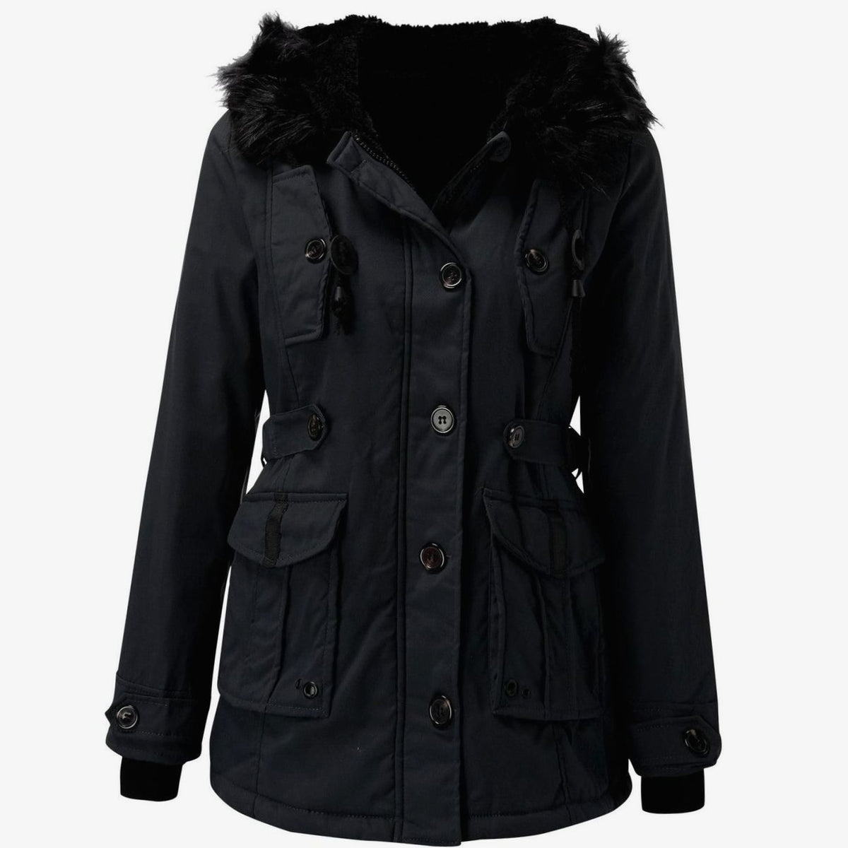 Black Faux Fur-Trim Parka worn with the hood down, front view