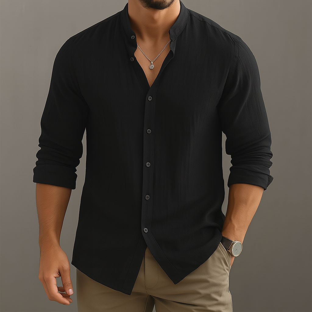 Men's linen grandad band collar shirt for summer