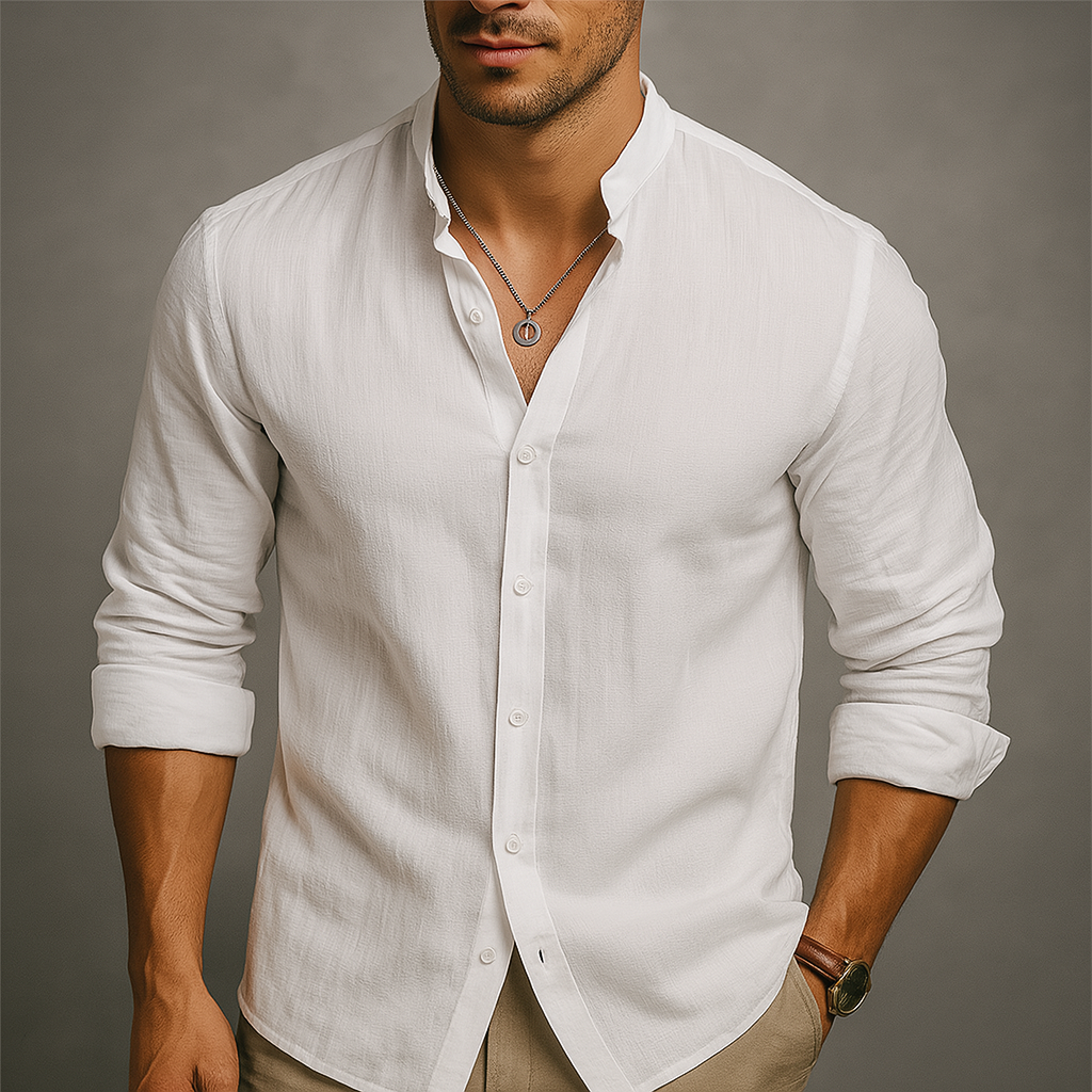 Men's linen grandad band collar shirt for summer
