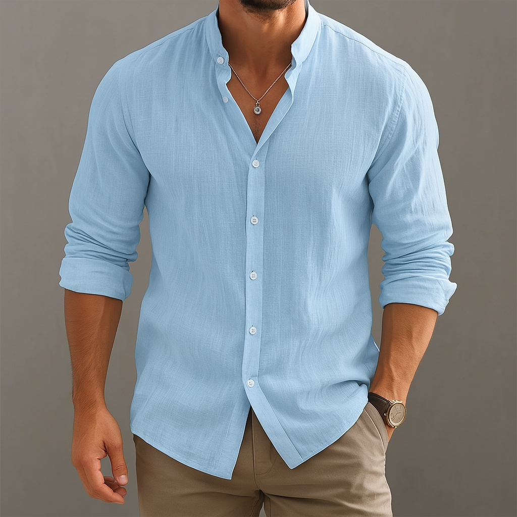 Men's linen grandad band collar shirt for summer