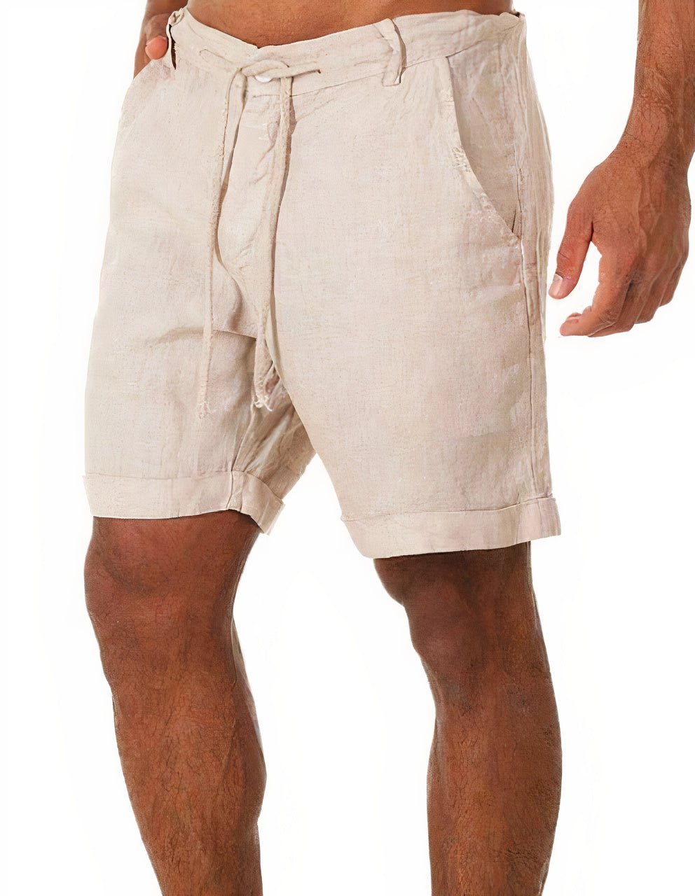 Linen Shorts Cuffed Drawstring Mid-Length Casual 0
