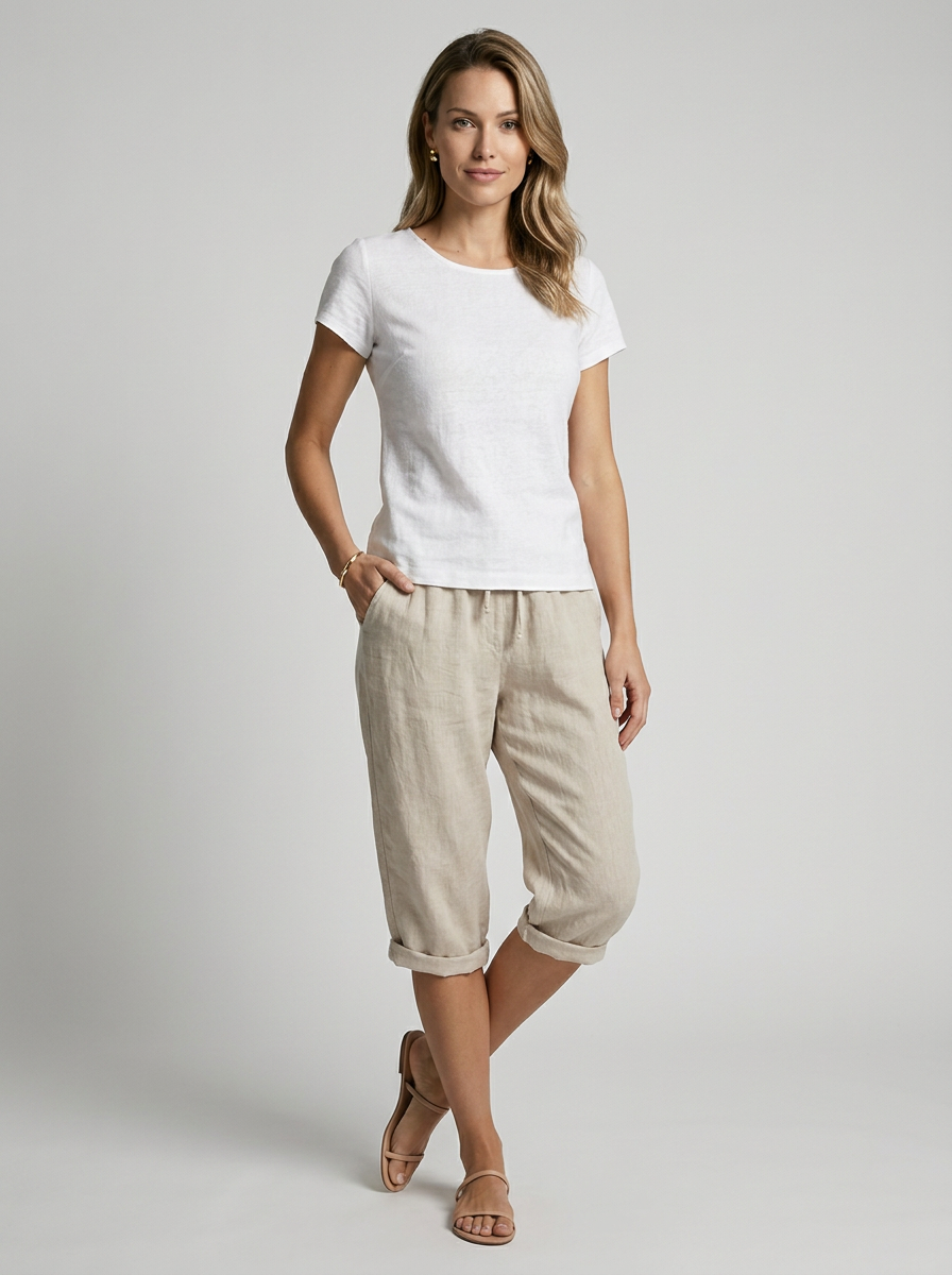 Women's khaki wide-leg linen shorts with drawstring waist