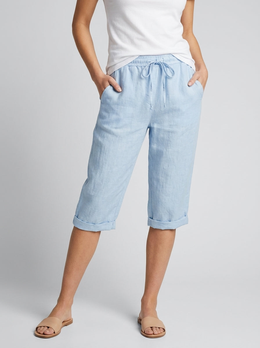 Women's khaki wide-leg linen shorts with drawstring waist