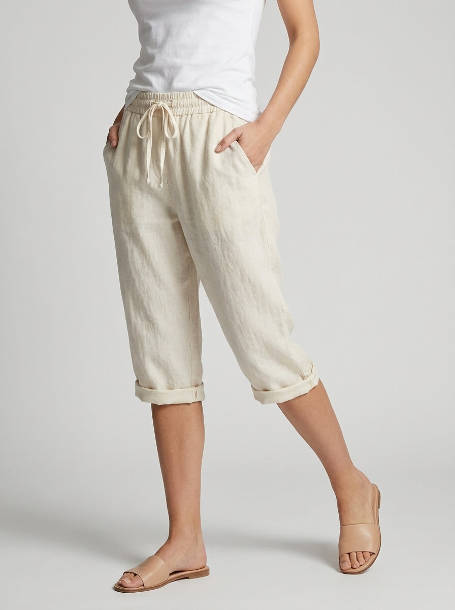 Women's khaki wide-leg linen shorts with drawstring waist