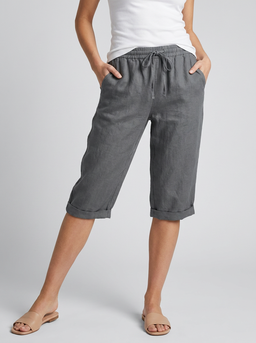 Women's orange wide-leg linen shorts with drawstring waist