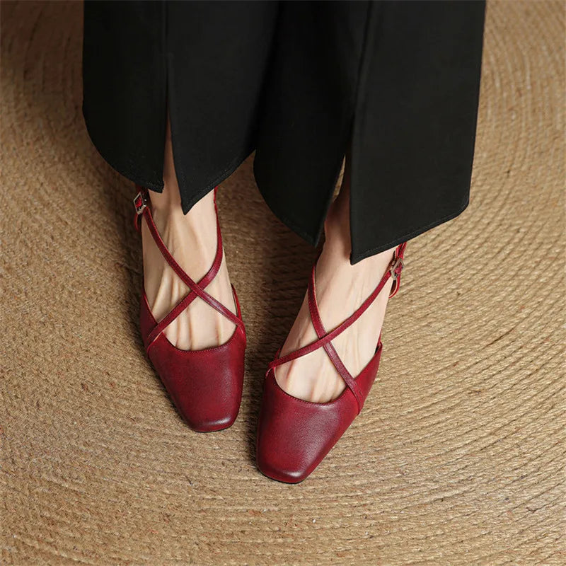 Women's red leather closed-toe block heel sandals