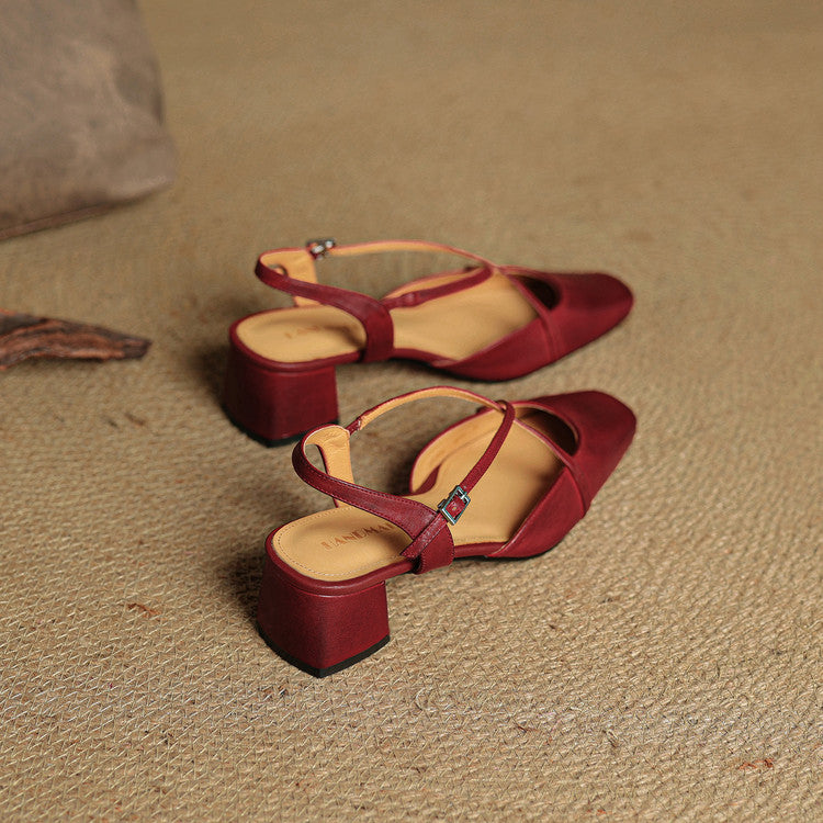 Women's red leather closed-toe block heel sandals