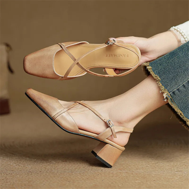 Women's black leather closed-toe block heel sandals