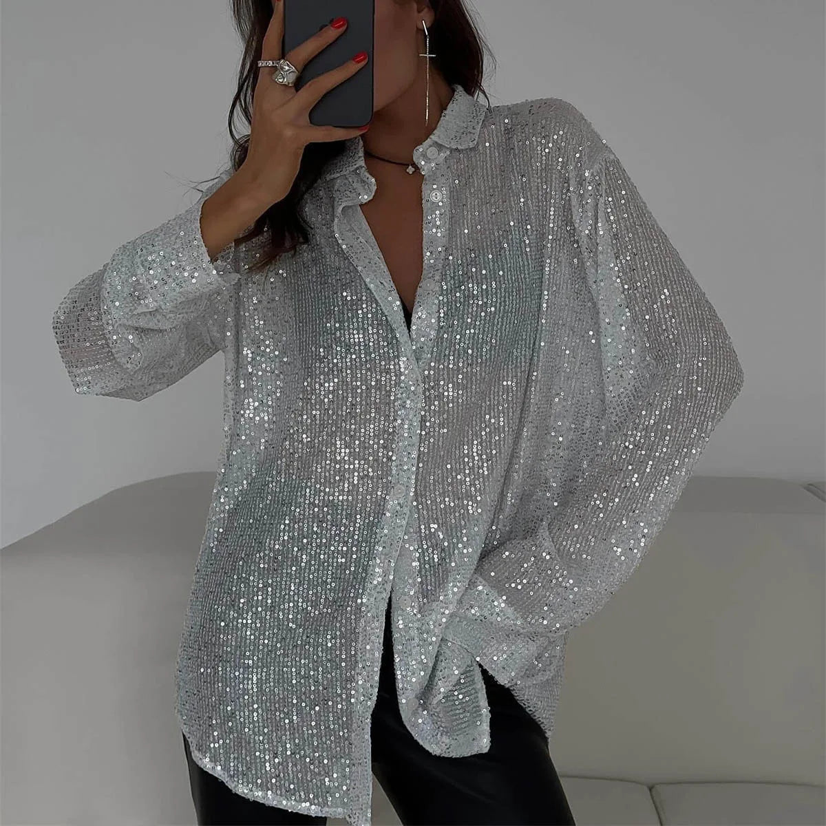 Women's silver oversized sequin party blouse