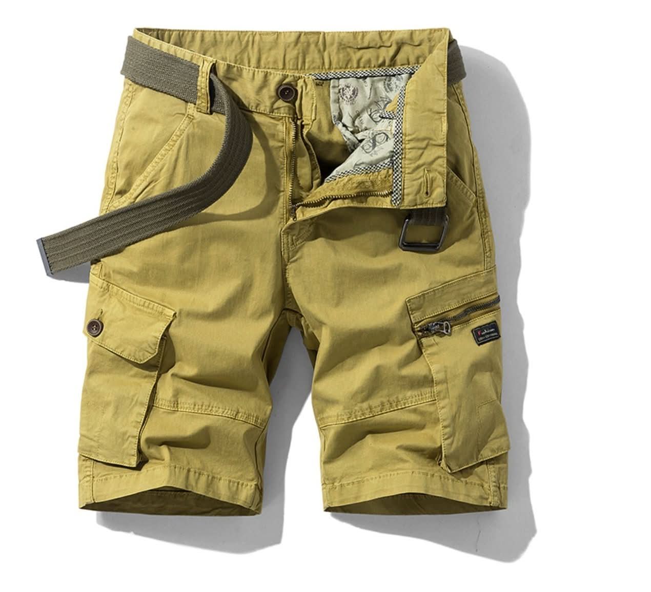 Men's khaki multi-pocket cargo shorts