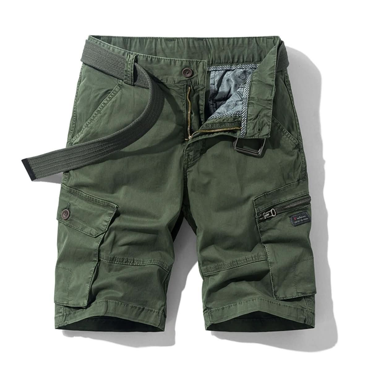 Men's khaki multi-pocket cargo shorts