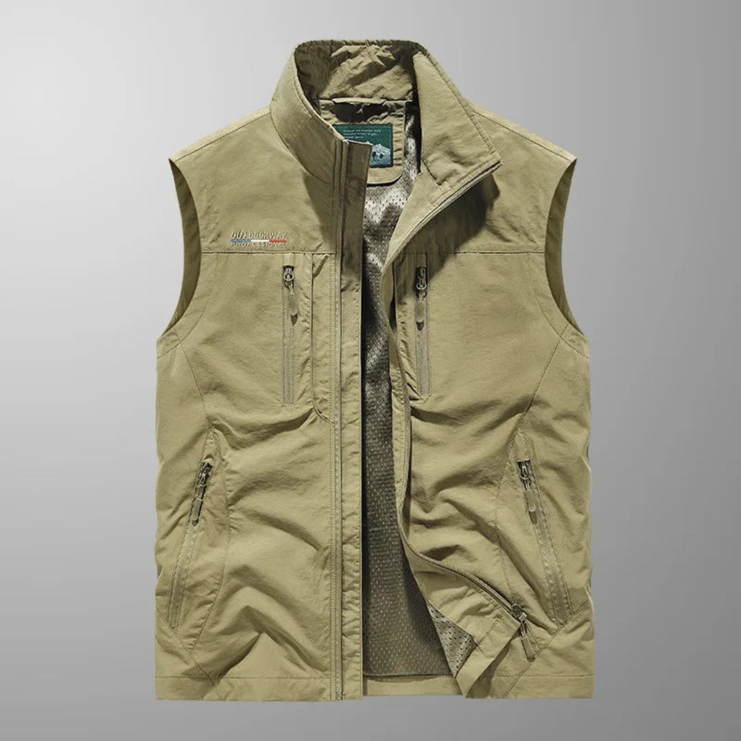 Men's green utility gilet with multiple zip pockets and a breathable mesh lining