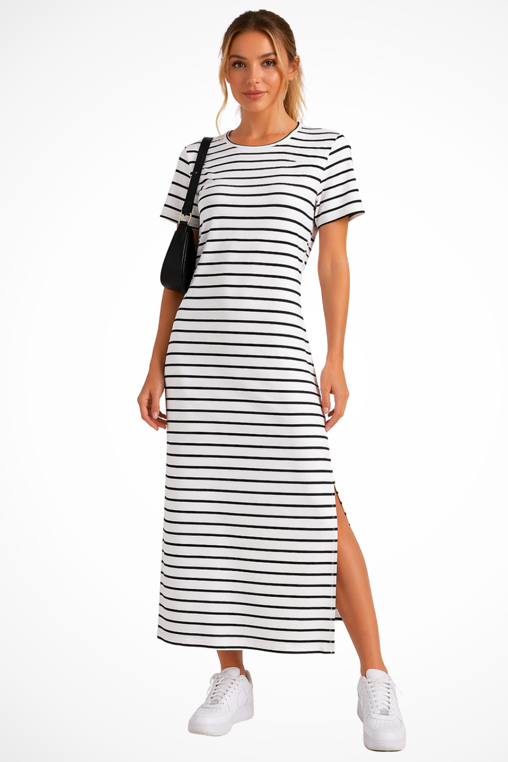 Women's striped short sleeve midi dress with side split