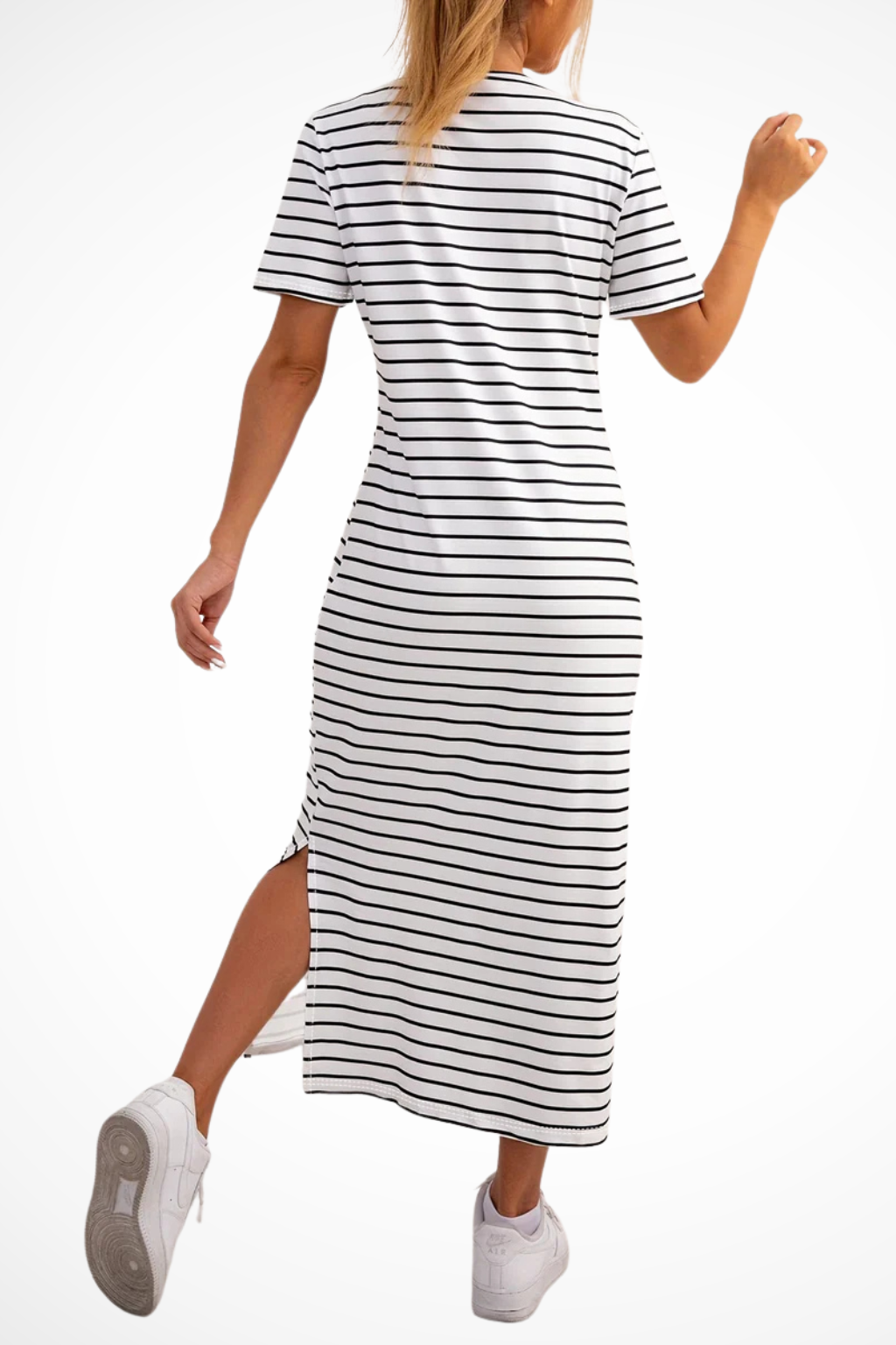 Women's striped short sleeve midi dress with side split