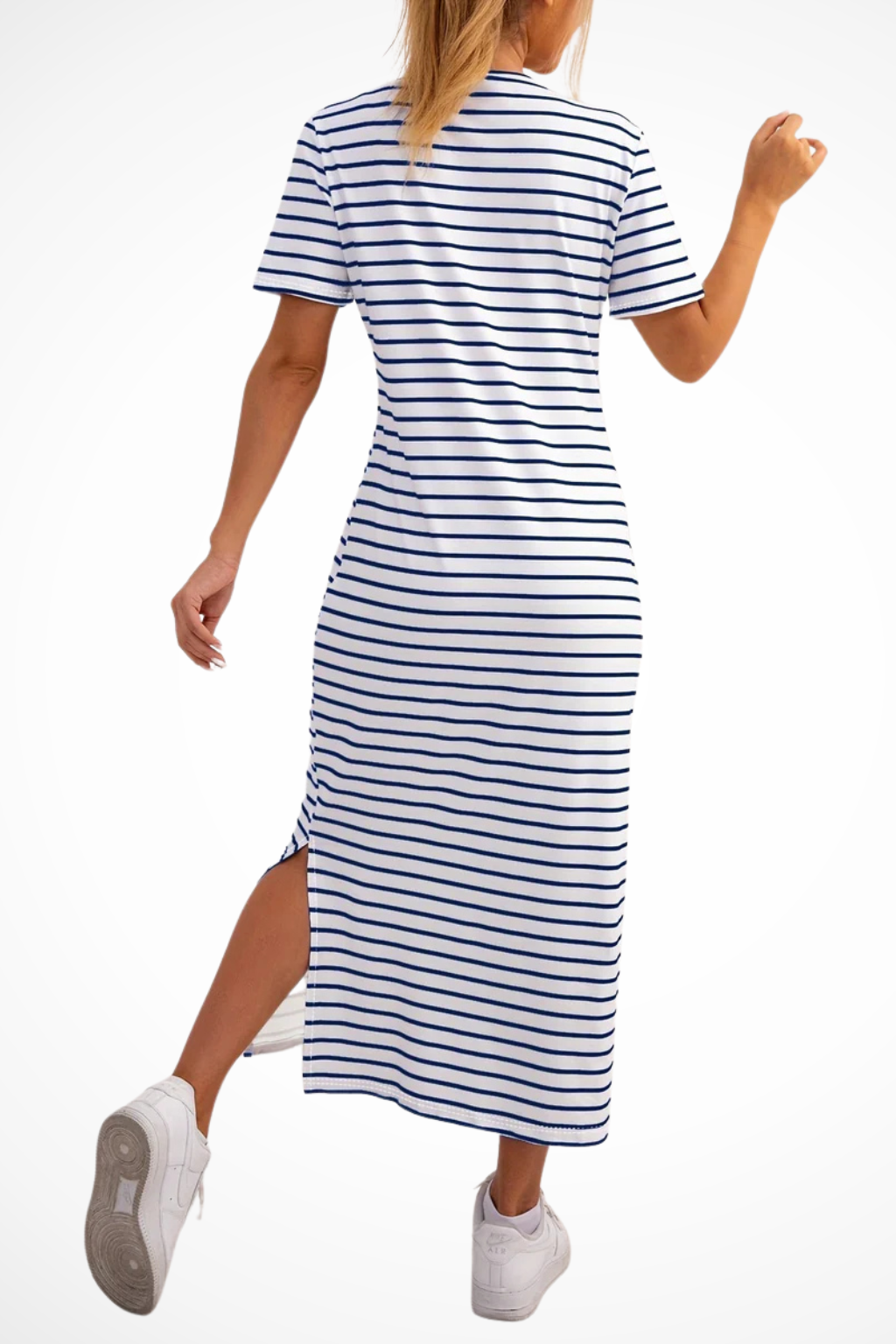 Women's striped short sleeve midi dress with side split
