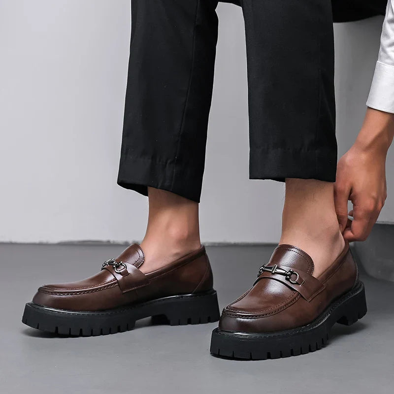 Men's brown leather chunky loafers with metal buckle